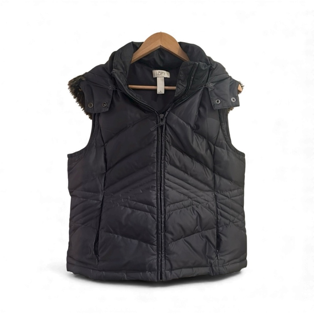 Ann Taylor Loft- Grey Quilted Vest with detachable fur hood